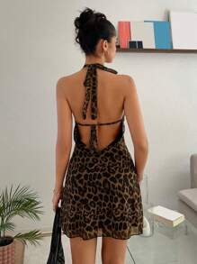 SHEIN EZwear 女式新款豹纹露背A字迷你连衣裙 - 棕色 - 查看 1