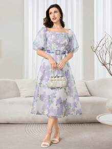Modelyn Vestido con estampado floral en todo el diseño y mangas farol elegante para mujer - Multicolor - Ver 5