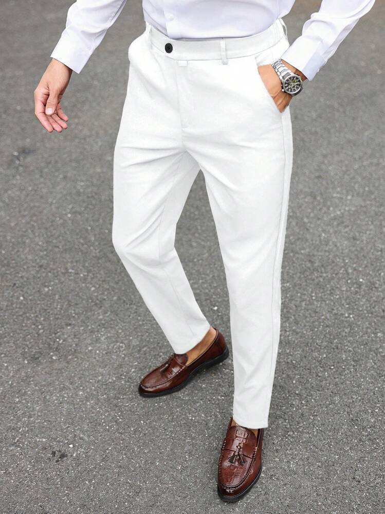Manfinity Mode بنطلون بدلة رجالي سادة، مناسب للتنقلات والوقت الحر والسفر، مناسب لعطلات رأس السنة، هدية مناسبة للحبيب - أبيض - مشاهدة 1