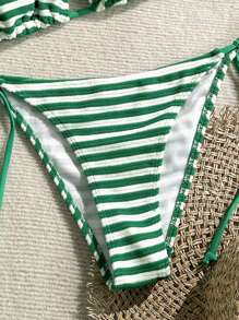 Swim Mod Women's Summer Beach Striped Halter Tie Sexy Bikini Swimsuit Set - Green - View 5