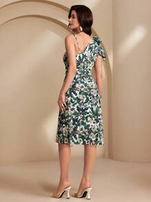 Chiquease Women's Elegant Floral Print Asymmetrical Ruffled Hem Belted Summer Vacation Dress - Green - View 2