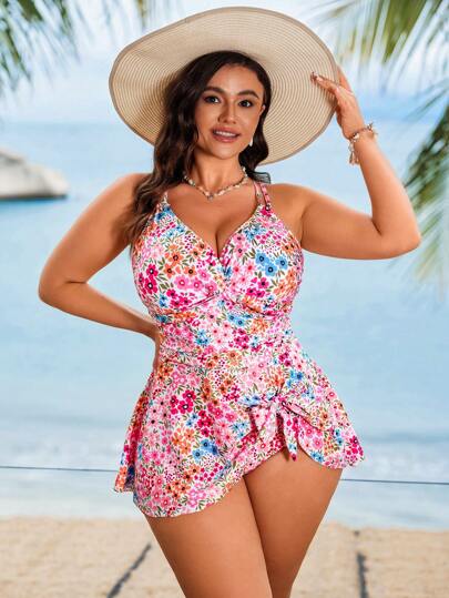 Swim Lushoire Plus Size Women 2pcs Flower Print Twist Knot Straps Tie Waist Skirt Swimsuit Set With Matching Print Triangle Bottoms, Casual Elegant Design For Summer Beach Vacation