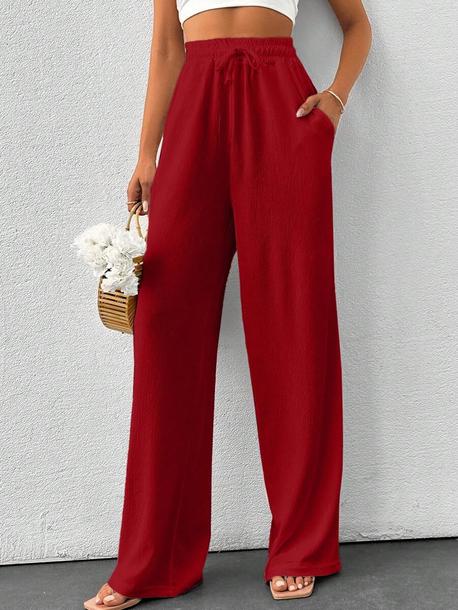 SHEIN Tall Summer Solid Color Beige High Waist Drawstring Waist Linen Look Wide Leg Pants, Tall Women - Red - View 1