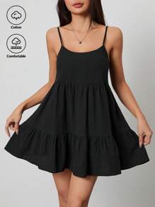 SHEIN PETITE Black Casual Suspender Backless Babydoll Dress,Sun Dress