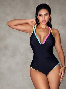 Nuvra 1pc Tummy Control Women One-Piece Swimsuit With Color Block Shoulder Straps For Summer Beach Vacation