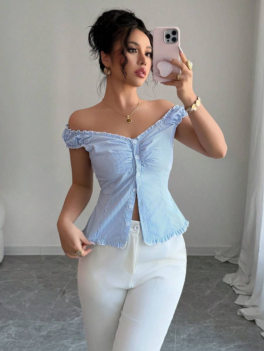 Elenzga Bohemian Elastic Ruched Button-Up Fitted Striped Blouse For Women, Spring/Summer - Blue and White - View 1