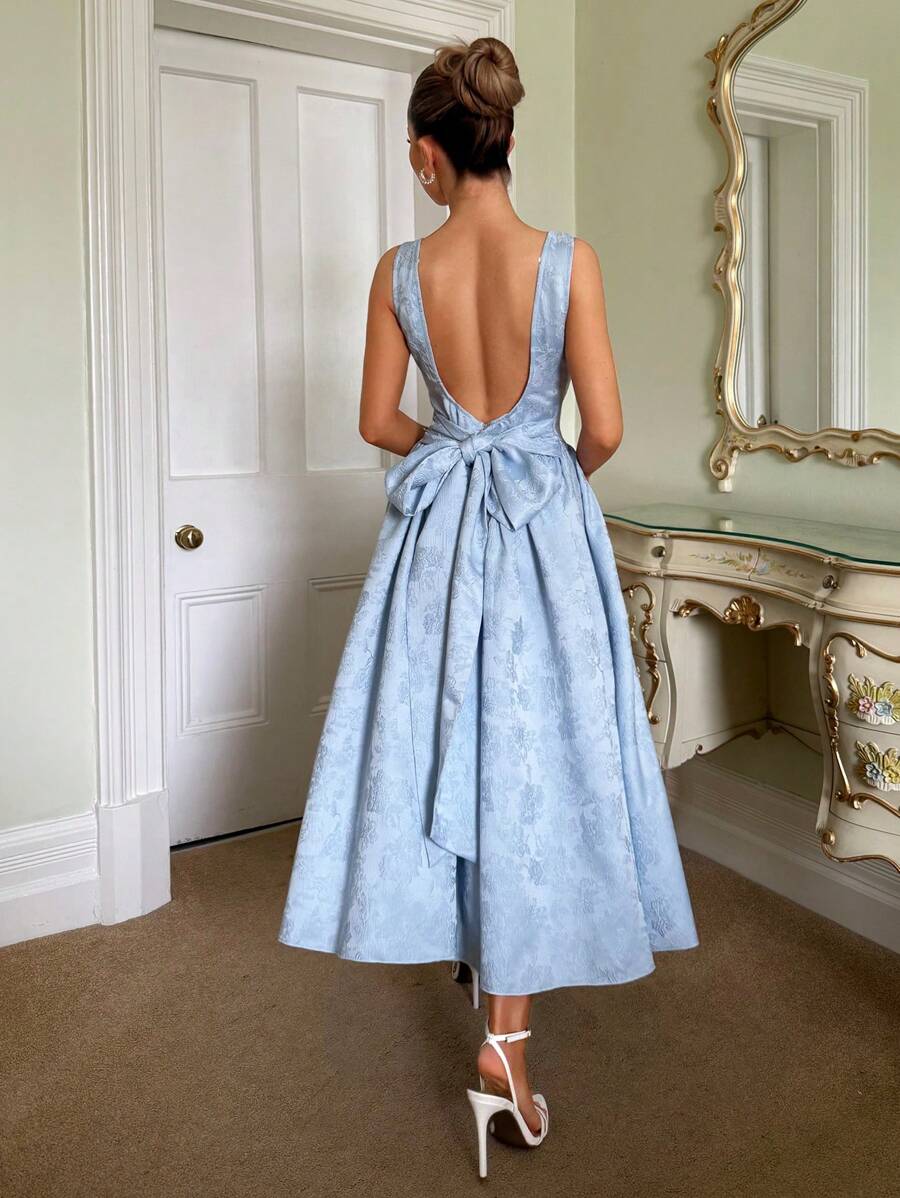 Glamine Charm 早春新款方领蝴蝶结后带A字休闲派对中长连衣裙 - 藍色 - 查看 1