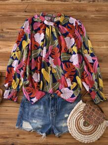 Celure Women Plus Size Floral Print Cuff Hem Round Neck Pullover Blouse - Multicolor - View 1