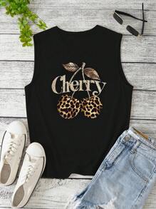 SHEIN VCAY Women's Casual Round Neck Sleeveless Chic Leopard And Cherry Pattern Print Tank Top - Black - View 4