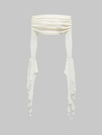 Fairycore Women Mermaid Series Strapless Off Shoulder Sheer Mesh Asymmetric Sleeve Crop Top, Summer Beach Vacation