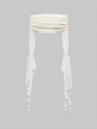 Fairycore Women Mermaid Series Strapless Off Shoulder Sheer Mesh Asymmetric Sleeve Crop Top, Summer Beach Vacation