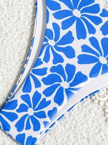 SHEIN Swim Women Random Flower Print Swimsuit Set, Vacation Beach For Summer - Blue and White - View 3