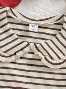 3 Pcs/Set Girls Casual Versatile White, Red, Black & White Striped Knit Peter Pan Collar Short Sleeve T-Shirt, Suitable To Match With Jeans Or Outerwear - Multicolor - View 7