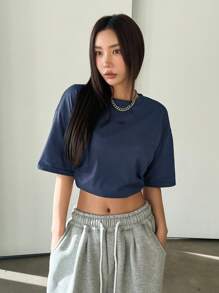 DAZY Loose Fit Drop Shoulder Short Sleeve T-Shirt With Alphabet Embroidery Oversized T-Shirt - Navy Blue - View 4