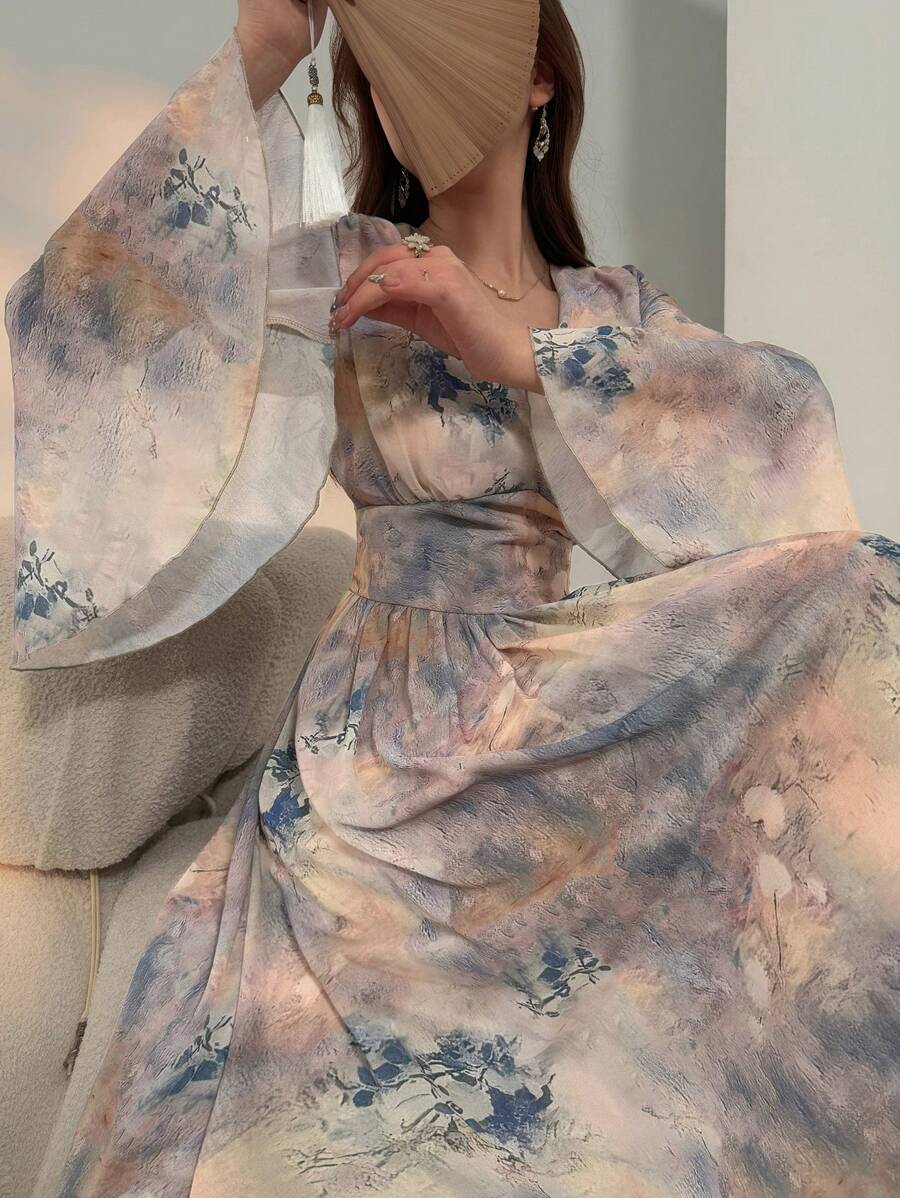 DAZY New Elegant Tie Dye Cinched Waist Women's Mid-Length Dress, Suitable For Music Festivals In Fall Long Sleeve Dress - Multicolor - View 1