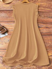 Linhara Plus Size Women Sleeveless V-Neck Dress With Ruffle Trim On Cuffs And Neckline, Casual And Comfortable For Daily Commute Wear - Khaki - View 2