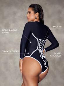 Shapewave Tummy Control Splicing Rimmed Women Surfing Wetsuit For Summer Beach Vacation - Black - View 8