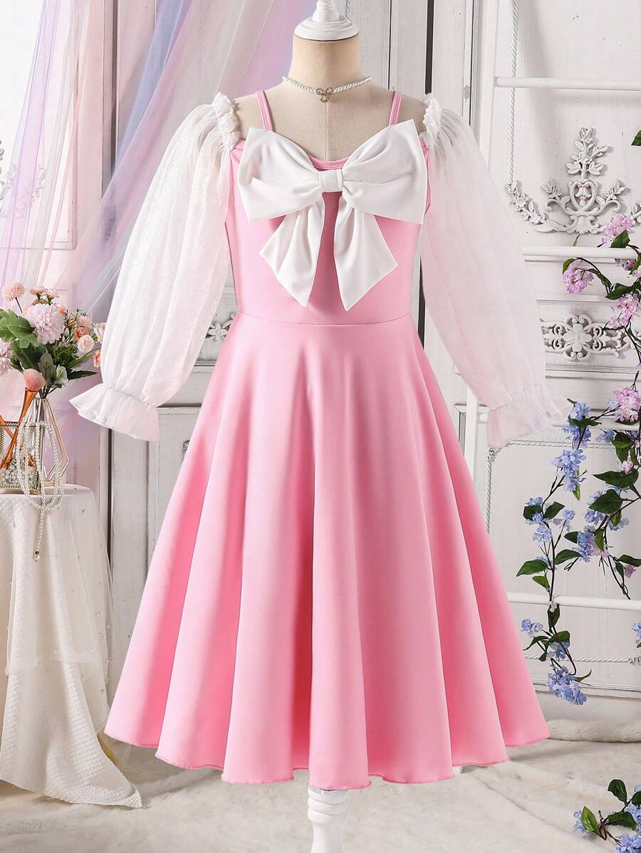 Tween Girls' Elegant Color Block Mesh Patchwork Bow Decor Summer Dress