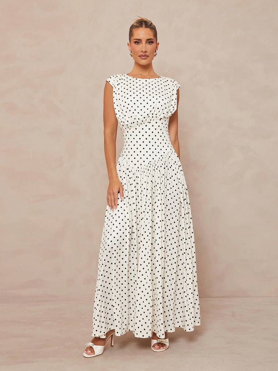 Lumalex Đầm Maxi Dài Không Tay Cổ Tròn In Chấm Bi Có Thắt Lưng Cho Nữ - trắng - Xem 1