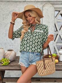 SHEIN LUNE Camicia casual smanicata abbottonata, con stampa geometrica, ampia, da donna
