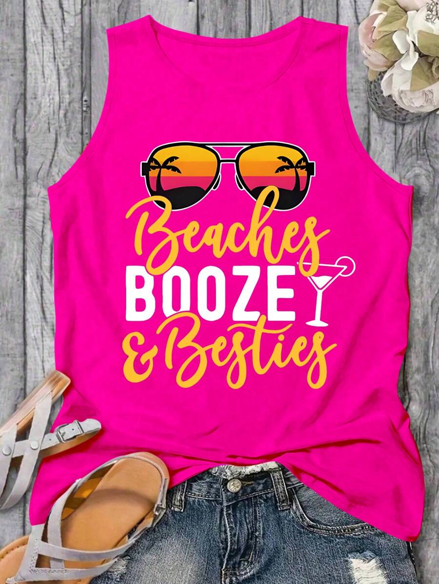 SHEIN LUNE Plus Size Summer Casual Letter Printed Tank Top - Hot Pink - View 1