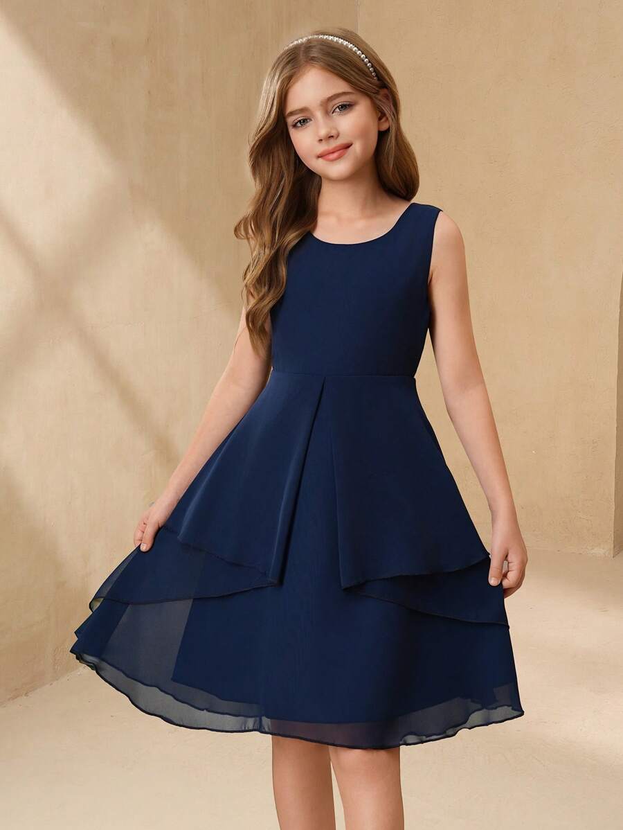 SHEIN Váy xòe viền màu trơn cho bé gái, thích hợp cho đám cưới, tiệc tùng, những dịp trang trọng - Màu xanh lam - Xem 1