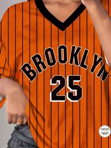 Slaydiva Plus Size Women's Letter & Number Graphic Casual T-Shirt, Suitable For Summer, Sports, Orange Stripe Brooklyn Printed Design Suitable For Going Out - Multicolor - View 4