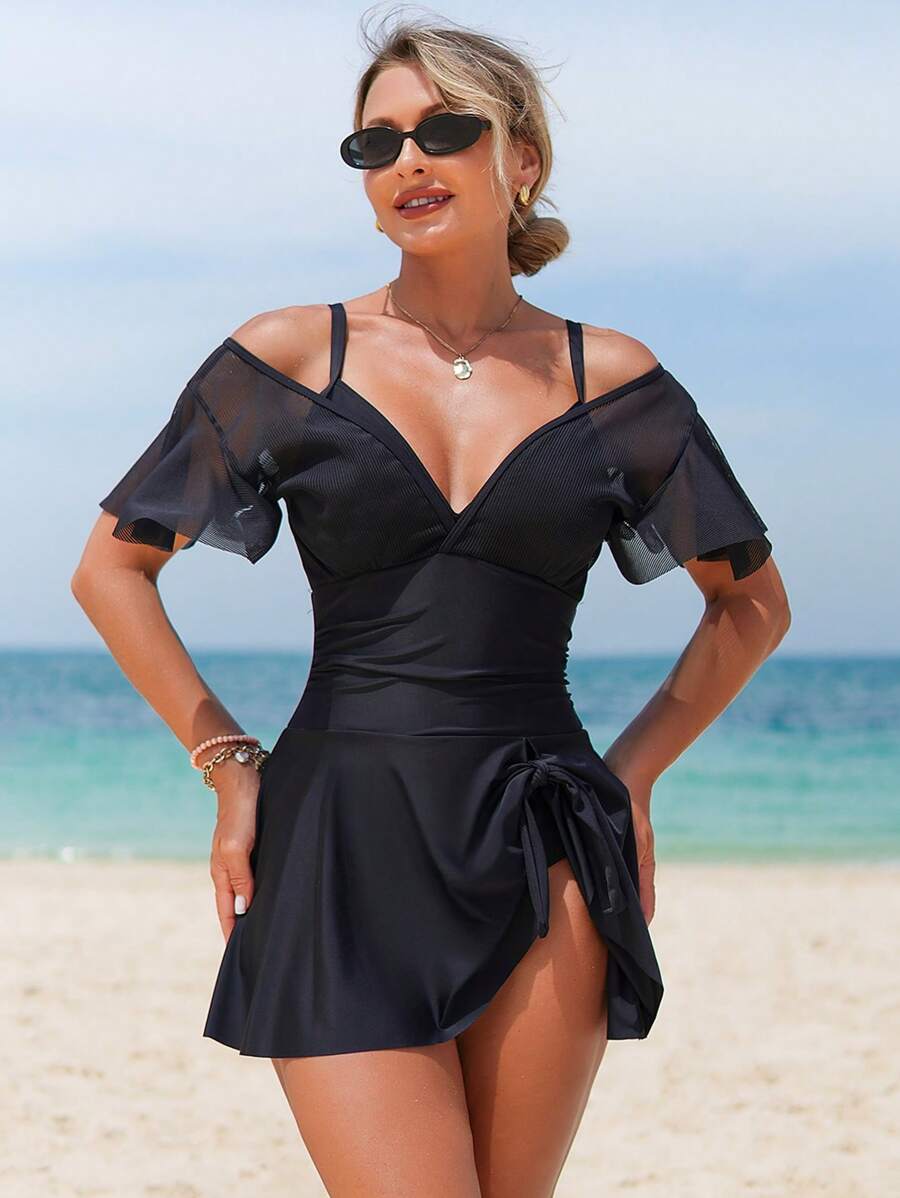Swim Lushoire V-Neck Ruffled Sleeve Mesh Patchwork Solid Color One-Piece Swimwear Dress For Women, Summer New Arrival - Black - View 1
