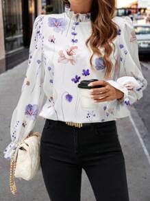 SHEIN Clasi Áo cánh cổ đứng in hoa thanh lịch đa năng cho nữ tay bèo nhún - Màu tím hoa cà - Xem 6