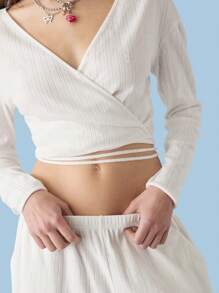 COUREZ Pointelle Long Sleeve V Neck White Wrapping Top Y2K Vintage 100%Cotton