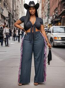 Slaydiva Conjunto de 2 piezas para mujer 2025 Nuevo, Vacaciones, Pascua, Graduación, Rave, Festival, Concierto, Fiesta de Cumpleaños, Casual Sexy: Top corto de manga corta con nudo delantero y pantalones largos holgados tipo maxi con bloques de color y flecos, Talla Grande Negro