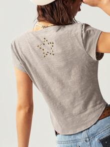 Bohemela Camiseta feminina de malha com decote em V e manga curta e ajuste