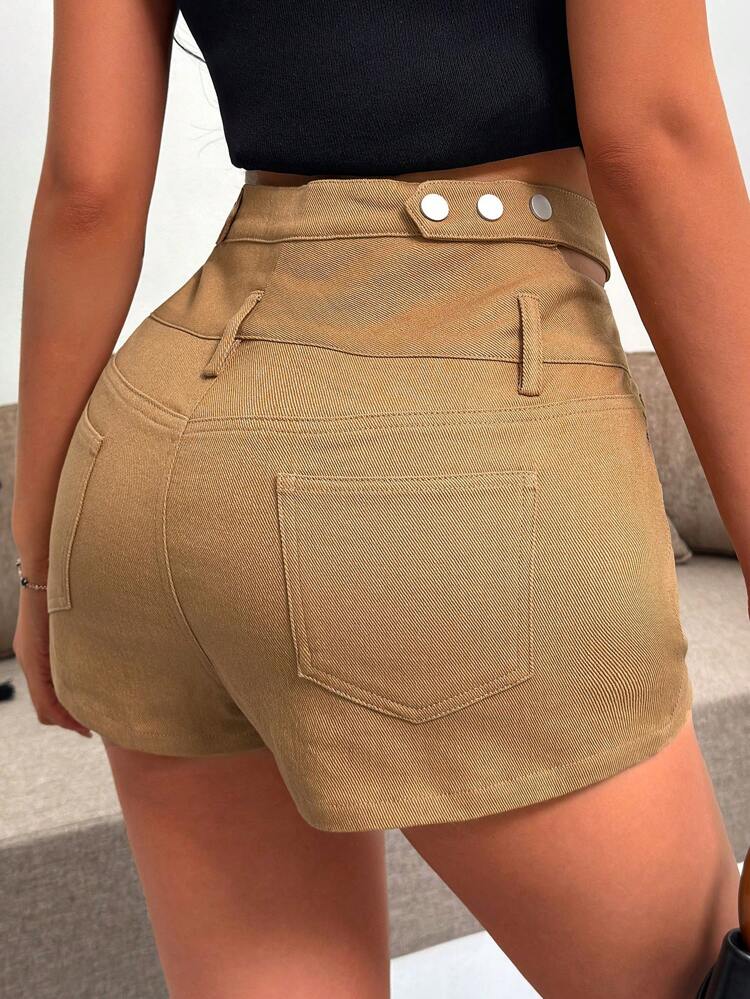Women's Solid Color High Waist Pockets Casual Shorts, Summer