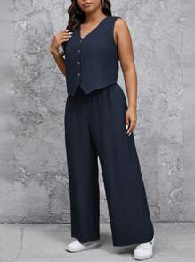 SHEIN Tall CURVE Conjunto de 2 piezas de chaleco y pantalón de unicolor informal talla grande - Azul Marino - Ver 6