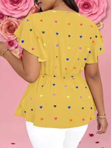 SHEIN LUNE Áo cánh tay lửng in hình trái tim cỡ lớn cho nữ, ngày lễ tình nhân - Màu vàng - Xem 2