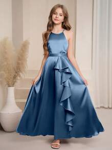 SHEIN Girls' Elegant Spaghetti Strap Ruffle Hem A-Line Long Dress For Wedding, Valentine's Day, Performance, Party, Birthday, Suitable For Teens - Blue - View 3