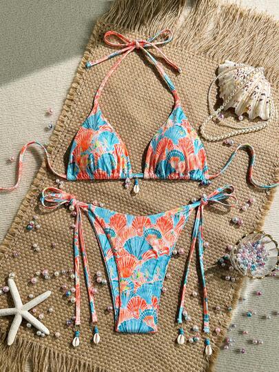 Swim Mod 2pcs/Set Women Beach Summer Outfits: Random Print Ribbed Texture Shell Accessory Halter Top And Side Tie Waist Bikini Bottom, Bohemian Swimsuit