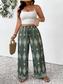 SHEIN Frenchy Plus Size Women Casual Bohemian Style Pants, For Summer Vacation