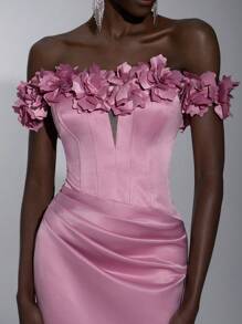 Glamrae Đầm suông trễ vai hoa sen hồng thanh lịch tuyệt đẹp lãng mạn thanh lịch satin hở vai 3D hoa ba chiều đuôi cá dây đeo có thể điều chỉnh hẹn hò kỳ nghỉ độc thân sinh nhật người lớn lễ tiệc khiêu vũ tốt nghiệp mùa về quê đám cưới sự kiện phù hợp đầm dạ hội bền chắc, trang trọng, váy dài, cho buổi tối, khách dự tiệc cưới - Bụi hồng - Xem 2