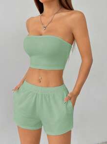 SHEIN PETITE Setelan Dua Potong Kasual Warna Polos untuk Wanita - Mint Green - View 4