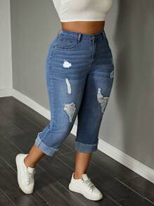 SHEIN Stretch Jeans in 7/8 Länge mit ausgefranstem Saum für große Größen