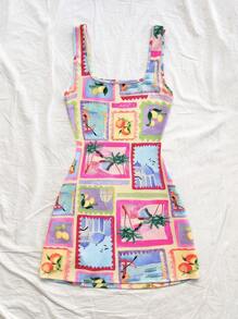 Soleia Women's Casual Vacation Ocean Life Print Back Slit Hem Mini Dress, Suitable For Party, Beach, Summer Outfits - Multicolor - View 2