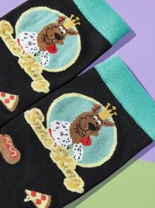 SCOOBY-DOO X SHEIN 1 Pair Women's Contrast Color Pizza And Dog Pattern Mid-Calf Socks - Black - View 1
