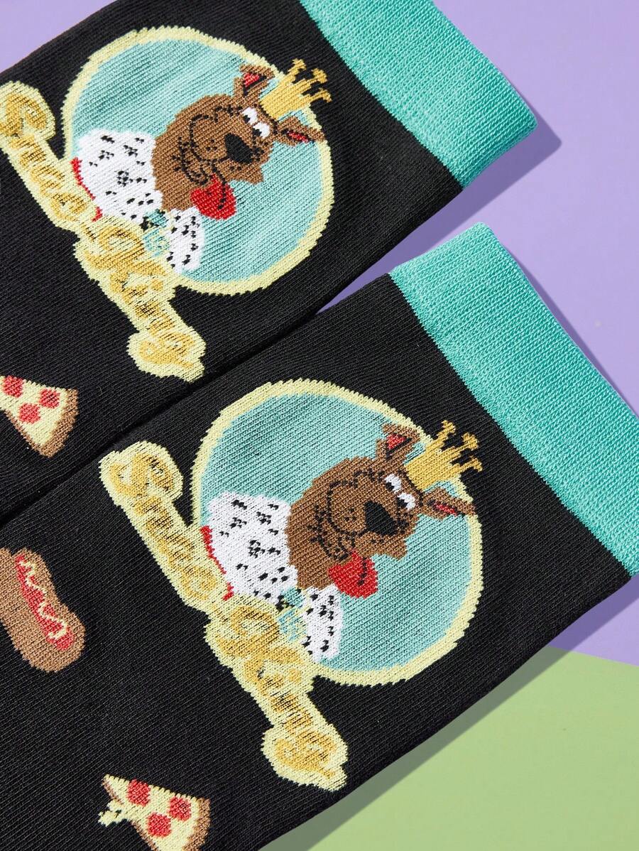 SCOOBY-DOO X SHEIN 1 Pair Women's Contrast Color Pizza And Dog Pattern Mid-Calf Socks - Black - View 1