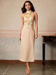 Anewsta Vestido ajustado de estilo retro hecho a mano para mujer - Caqui - Ver 7