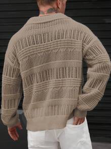 Manfinity Homme Men's Khaki Knitwear Semi-Sheer Sweater: Casual Long Sleeve Collared Rib-Knit Design With A Regular Fit And Length Perfect For Layering - Khaki - View 2
