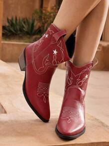 Styleloop Burgundy Embroidered Side Zipper Knight Boots Ankle Boots - Burgundy - View 5