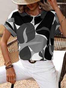 SHEIN Clasi Women's Casual Plant Printed Round Neck Batwing Sleeve Shirt, Vacation/Holiday - Multicolor - View 5