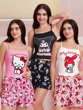 HELLO KITTY AND FRIENDS | SHEIN 女士夏季可爱卡通图案吊带上衣和短裤睡衣套装