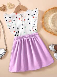 2pcs/Set Girls Elegant Heart Print Cap Sleeve Top + Bowknot Decor Pleated Skirt Outfit Set, Suitable For Summer Daily Casual, Entertainment, Travel, Vacation